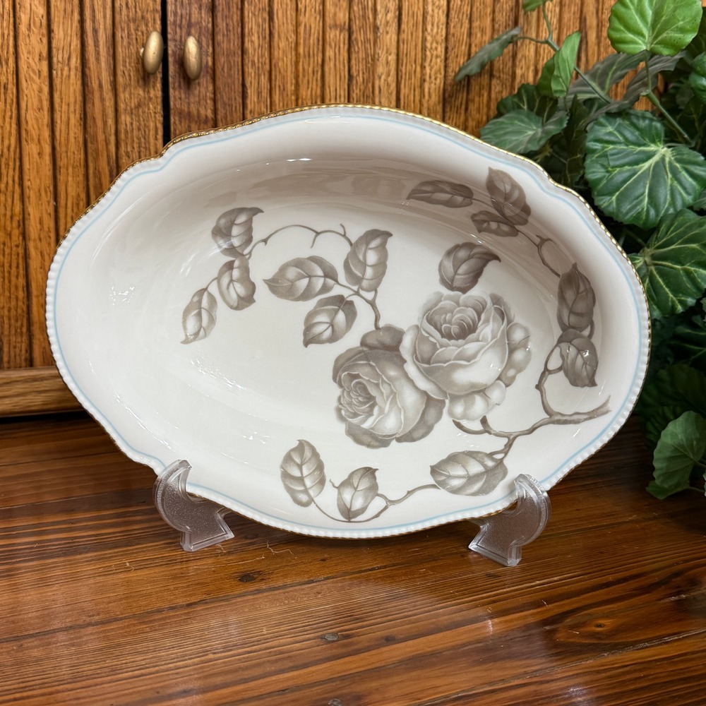 Castleton China Gloria Oval Vegetable Bowl Gray Rose Gold Trim Blue Made in USA